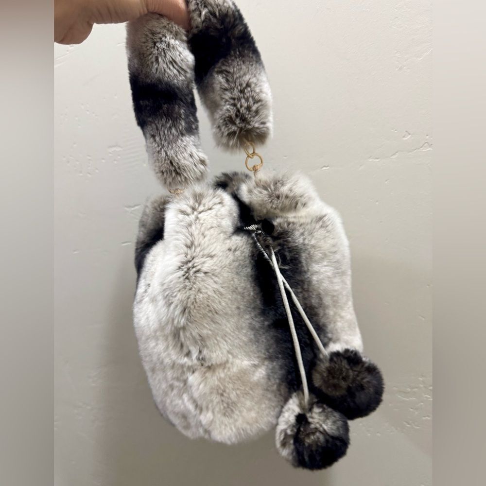 Handmade 2 Tone Real Rex Rabbit Fur Drawstring Bucket Bag,Includes 2 Straps - Picture 7 of 15